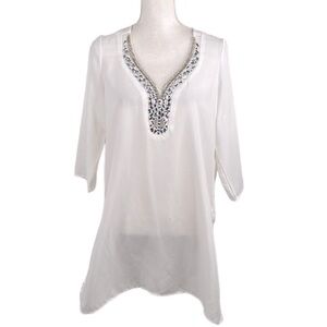 Haani White Boho V-Neck 3/4 Sleeve Sheer Jeweled Cover Up Size M New with tags!